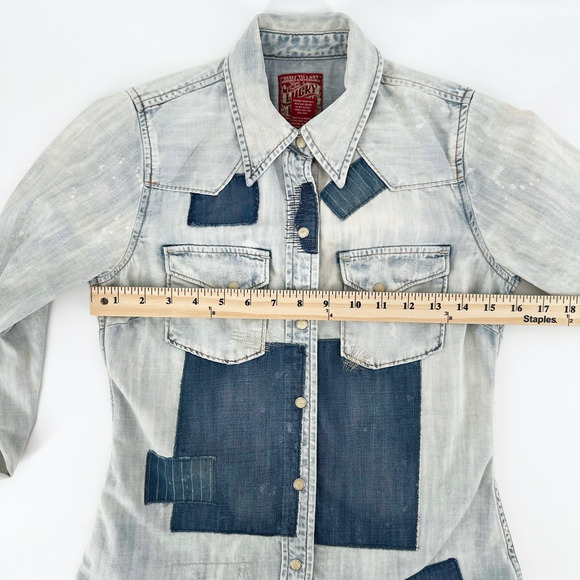 Lucky Brand Legend Denim Patchwork Button Up Shirt XS Western Boho Cottage Farm - Picture 7 of 8